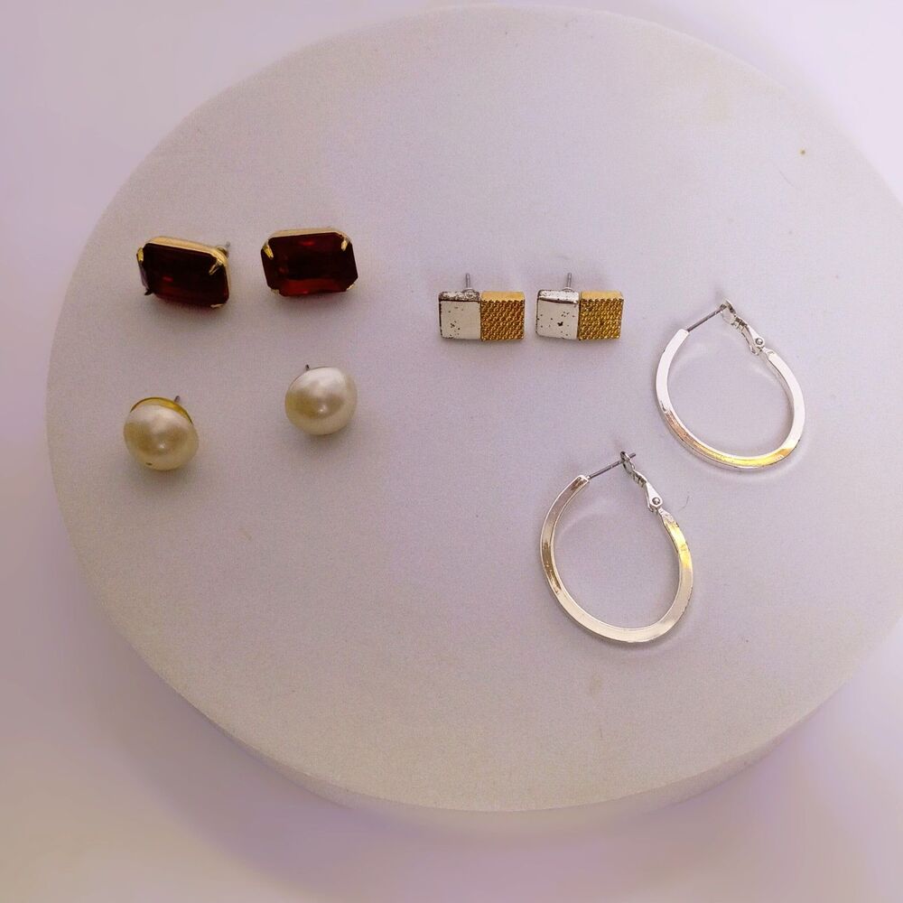 4 Vintage Pairs Earrings Red glass stones, Silver tone hoops, Pearl button studs